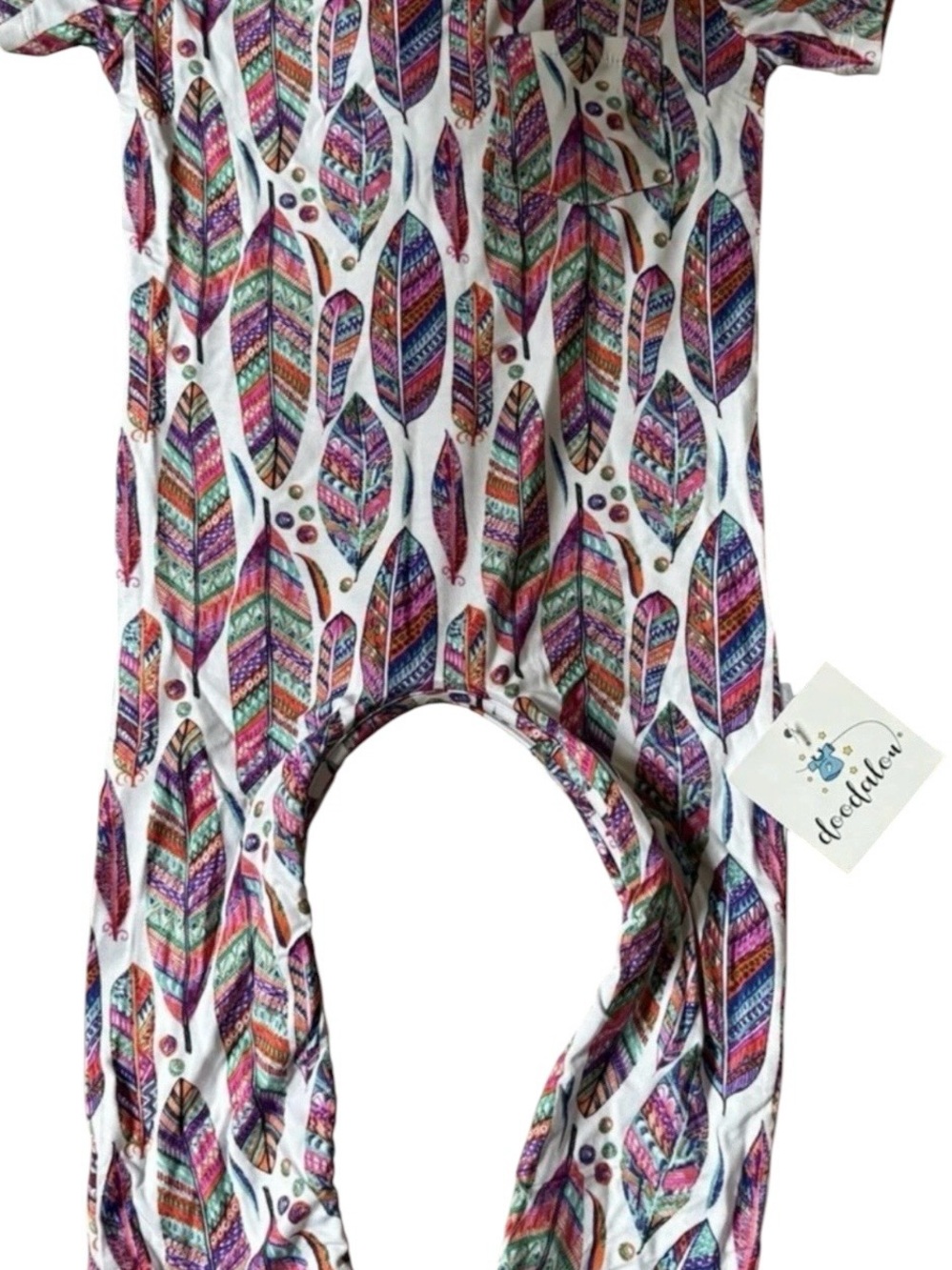 Boho colorful feather print bamboo jumper/romper-short sleeve pocket-Toddler